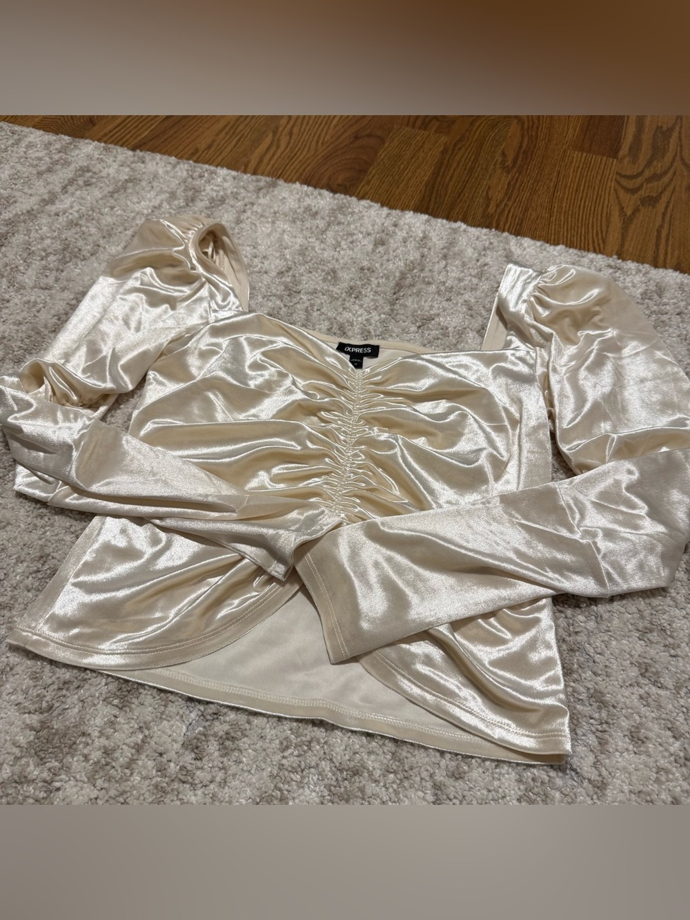 Express Cream Satin Ruched Long-Sleeve Top